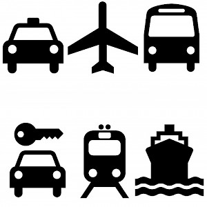 Transportation options to and within the United Kingdom (Photo icons courtesy of AIGA; illustrations by Reid Bramblett)