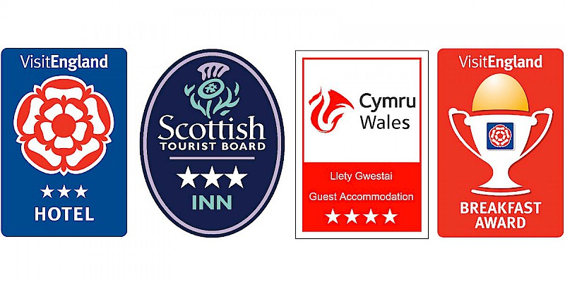 Official star ratings mostly have to do with services, not style (Photo graphic by Reid Bramblett, with images courtesy of VisitEngland, the Scottish Tourist Board, and Visit Wales)