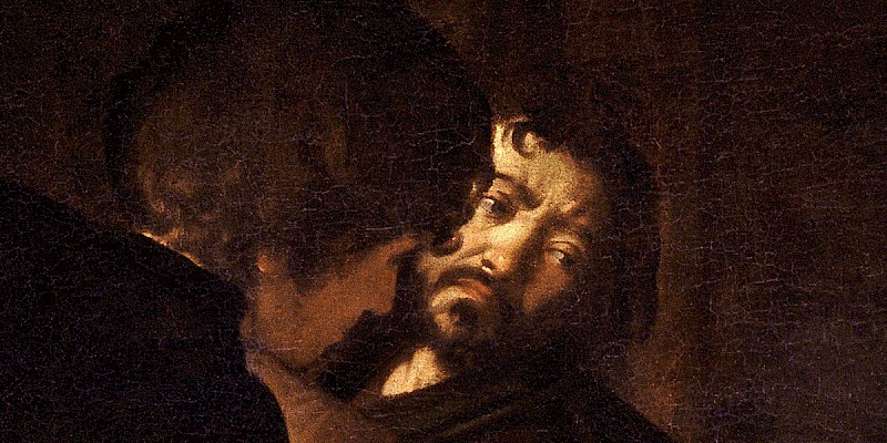 A Self-Portrait detail in The Calling of Saint Matthew (1599–1600) by Caravaggio in the church of San Luigi dei Francesi, Rome (Photo courtesy of San Luigi dei Francesi)