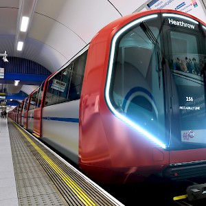 One of the newest Underground trains on the Piccadilly line headed toward Heathrow (Photo Â© Transport for London)