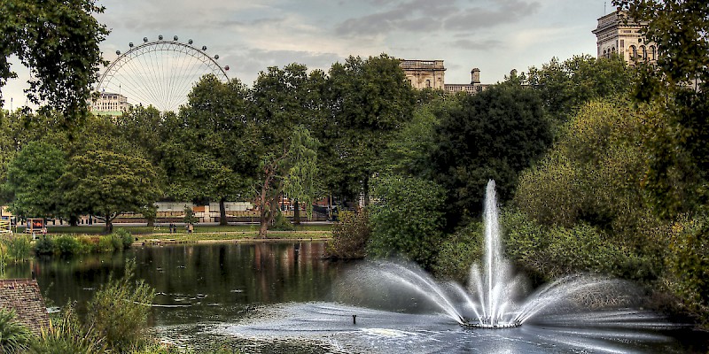 A fountain in St. James's Park with the London Eye in the background (Photo by Neil Howard)