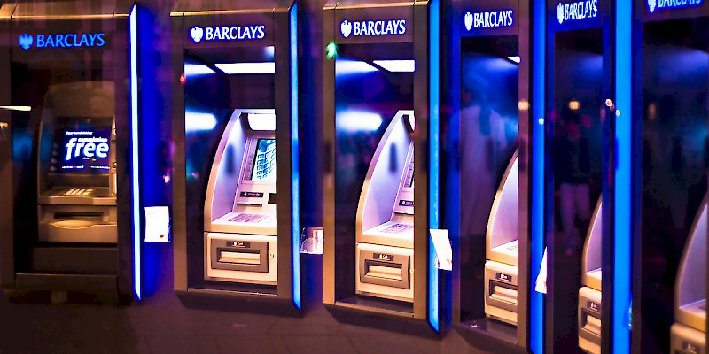 ATMs in a Barclays on London's Piccadilly Circus (Photo by Garry Knight)