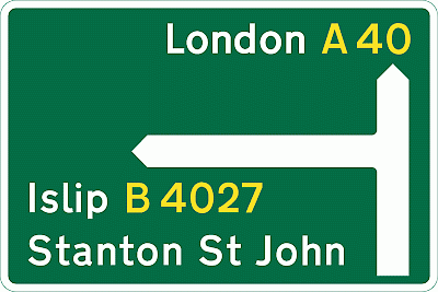 A typical junction sign, showing towns and primary route numbers