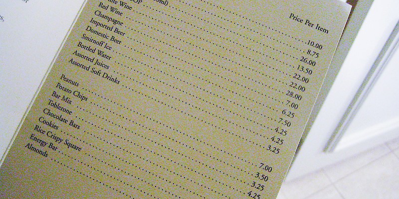 Those peanuts in the minibar don't cost just peanuts—they cost £7! And since when was a bottle of water worth £4.25? (Photo by Rick)