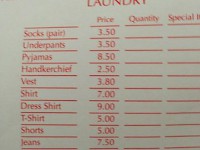 Laundry list prices at a London Ramada